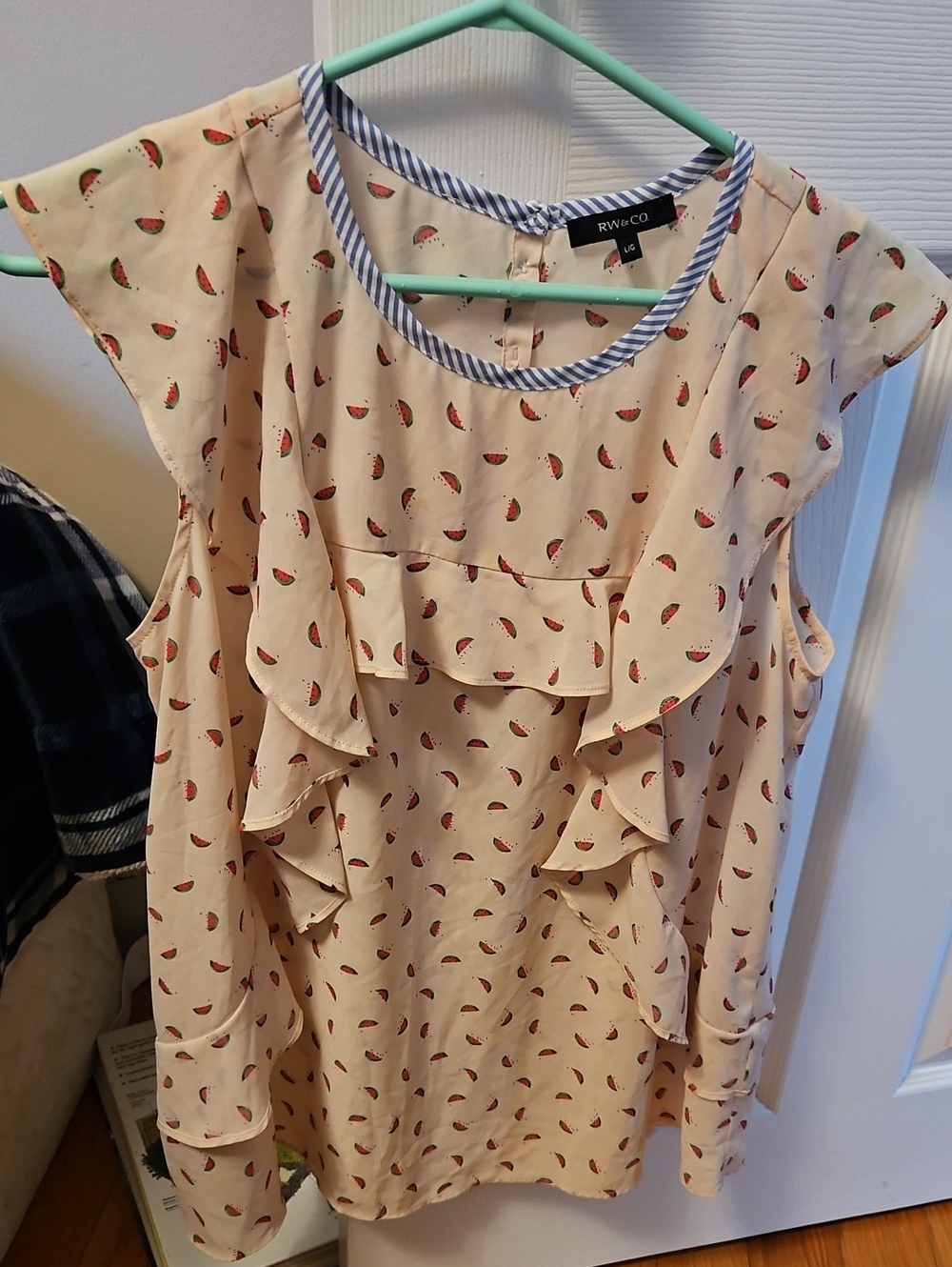 RW&CO. Cream Sleeveless Ruffle Top with Watermelon Motif